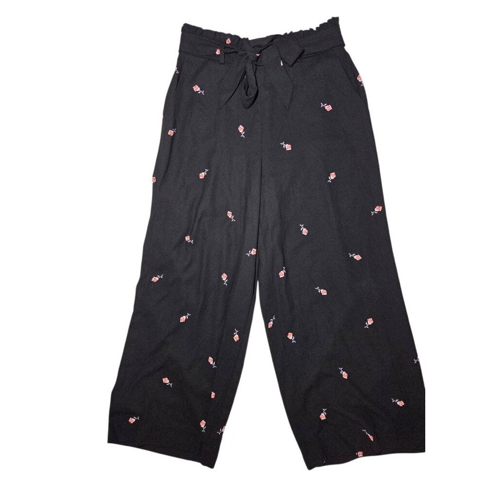 LC Lauren Conrad High Rise Black Floral Wide Leg Pull On Pants Crop Belted XS